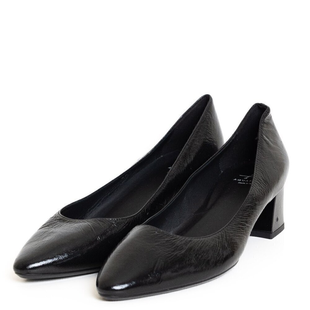 Aquatalia Pasha Black Block Heel Leather Pointed Toe Pumps 8.5 Italy NWOB